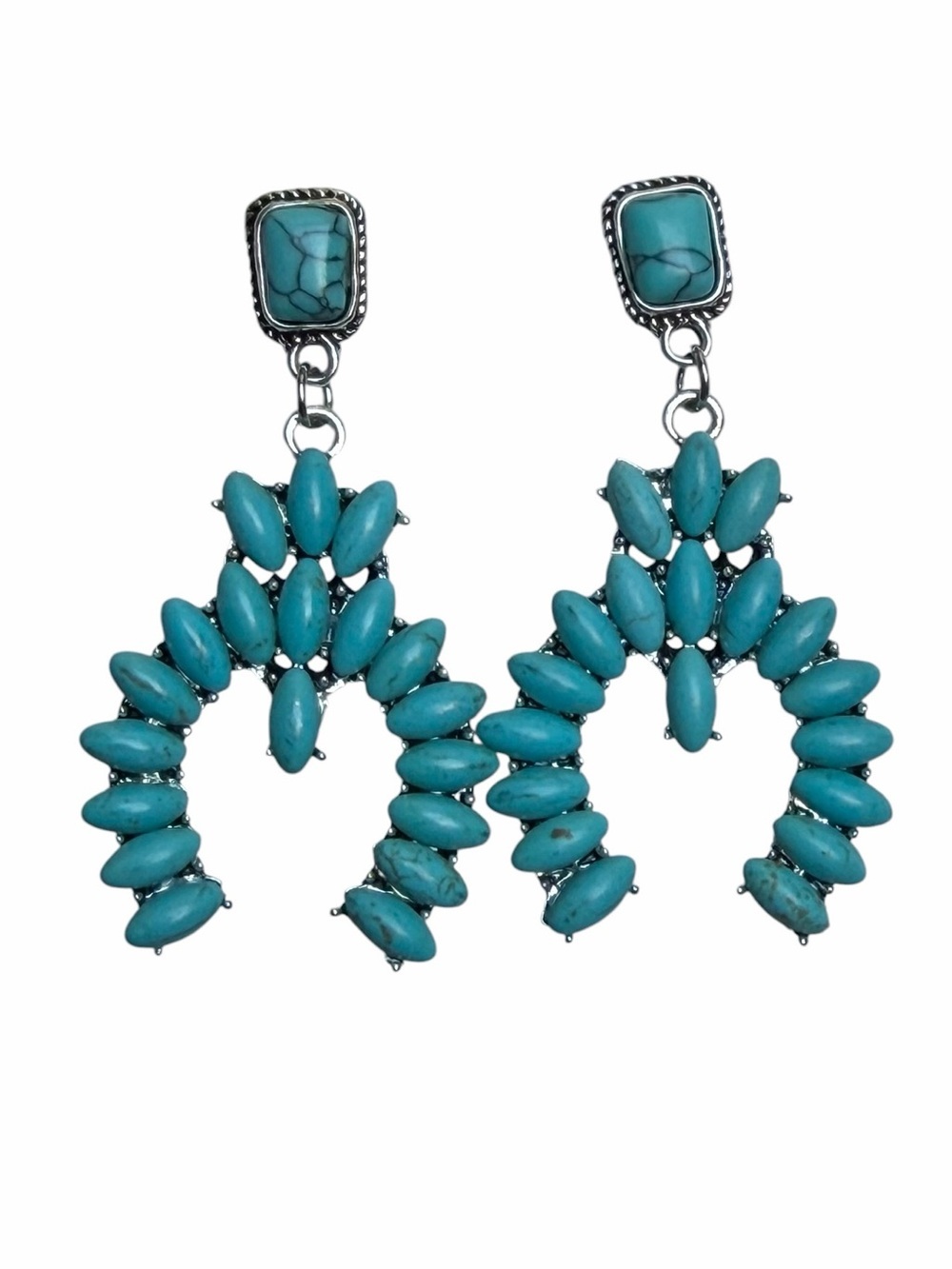 Faux Turquoise Squash Blossom Statement Pierced Earrings Western Southwestern
